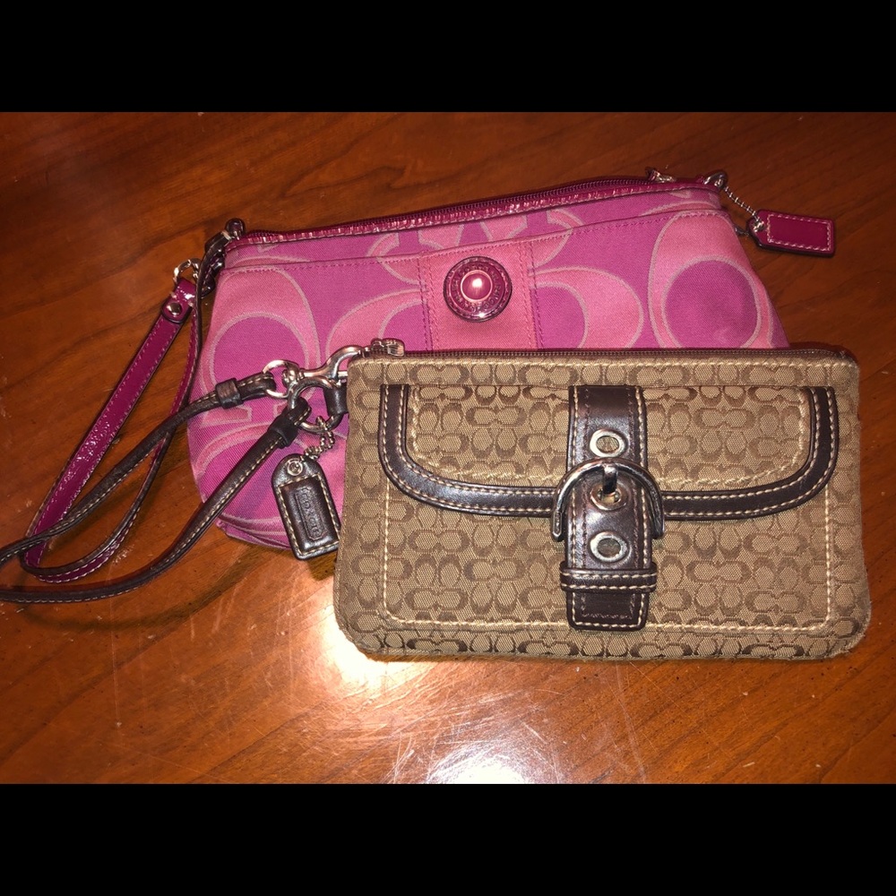Two coach wristlets, pink/brown, come as a set